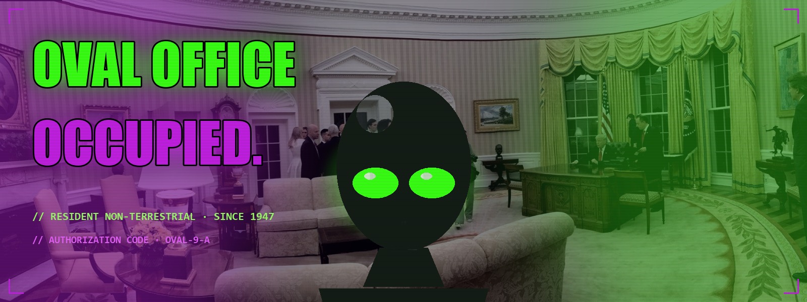 Oval Office occupied — alien silhouette behind the Resolute desk