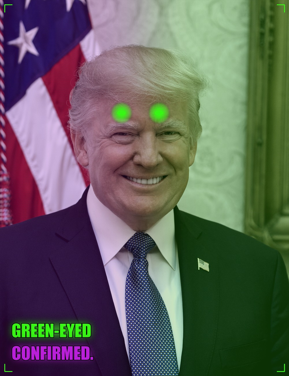 Trump portrait with green-eyed alien tint